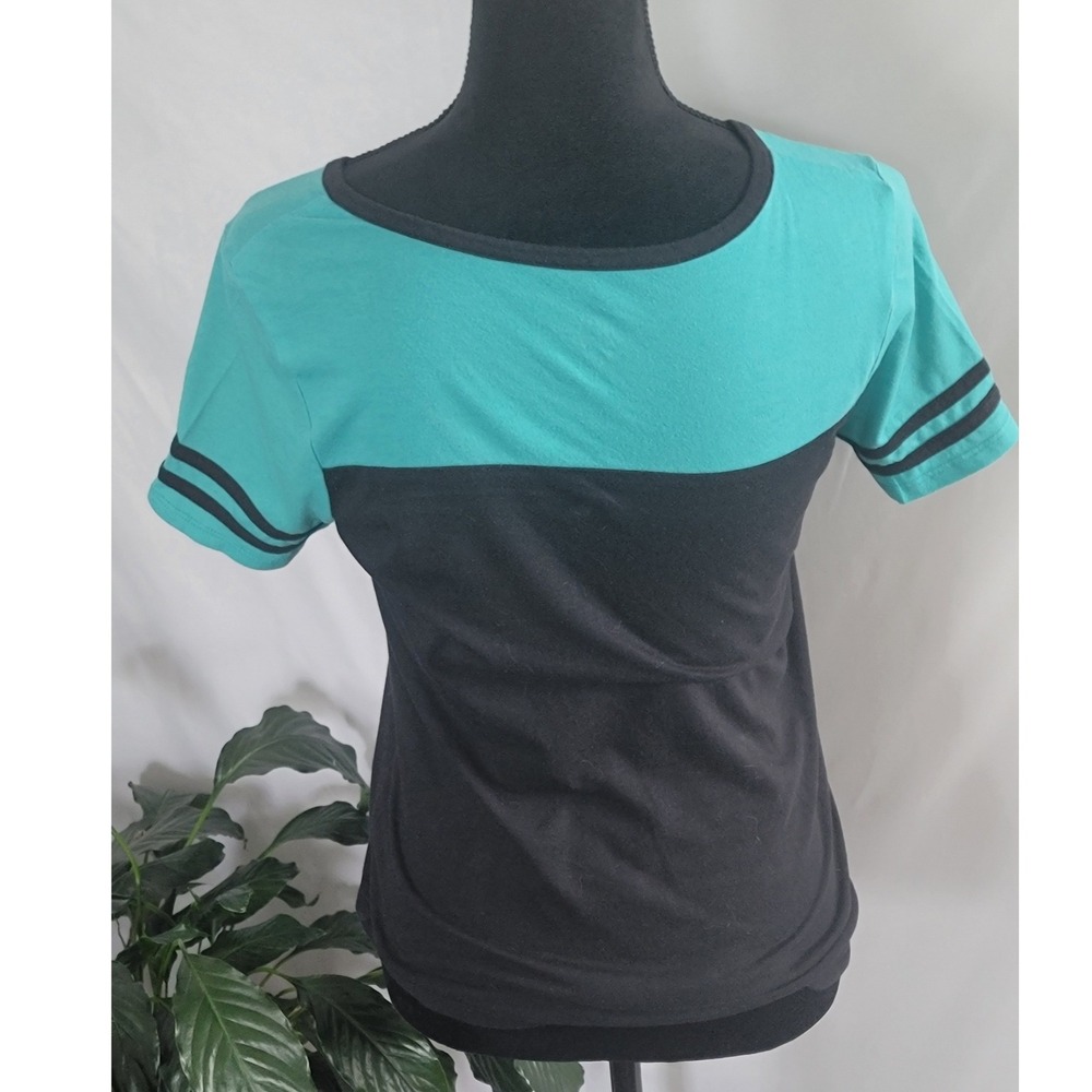Justice Girls Cheer T-Shirt Black Teal Sequin Graphic Active Top Size 14/16 - Picture 3 of 4